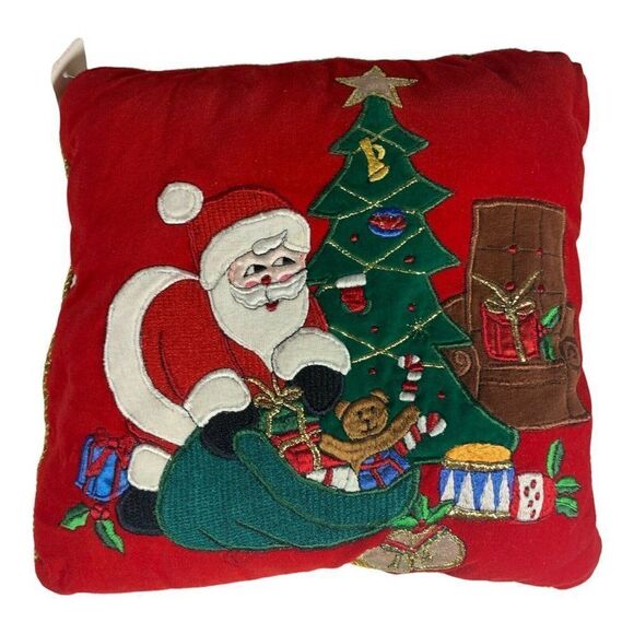 Vintage Red Velvet Applique Christmas Throw Pillow Santa Delivering Presents 11" - Picture 1 of 2